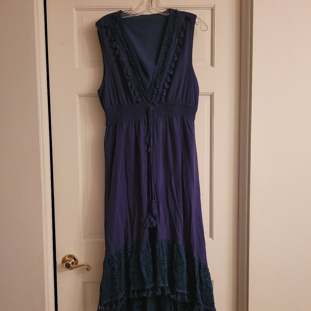 NWOT Contrast Lace Tassel Midi Dress in Navy, size XL